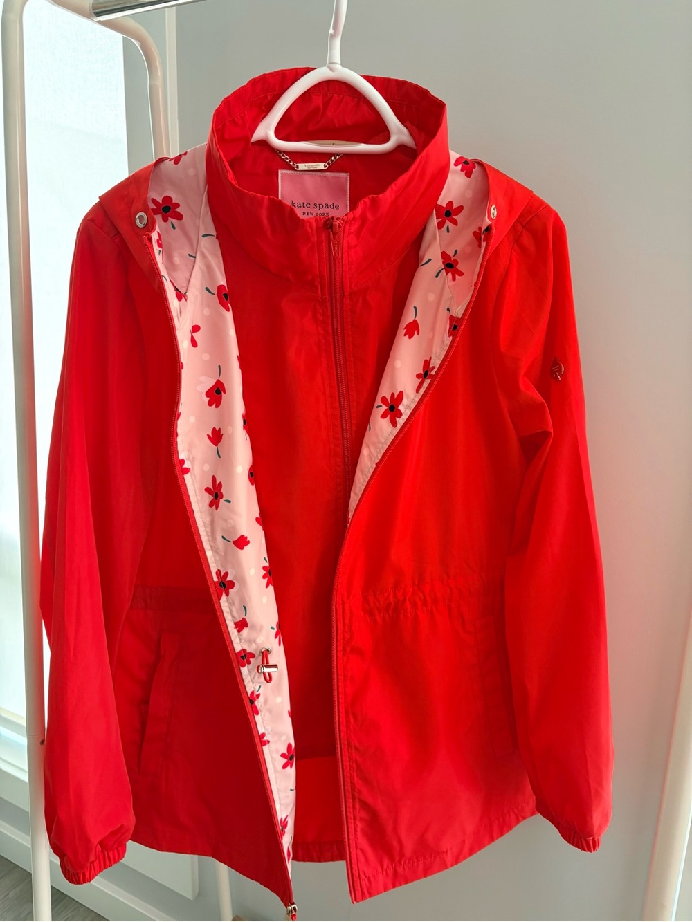 Kate Spade New York - Pink Label Red Hooded Rain Jacket - Size M LIKE NEW